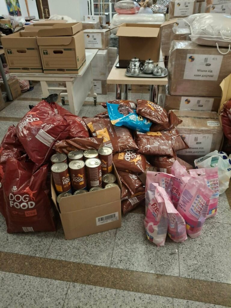 Sausas ir konservuotas šunų maistas, skalbimo milteliai ir dėžės su parama bazilikos rūsyje prieš pakrovimą